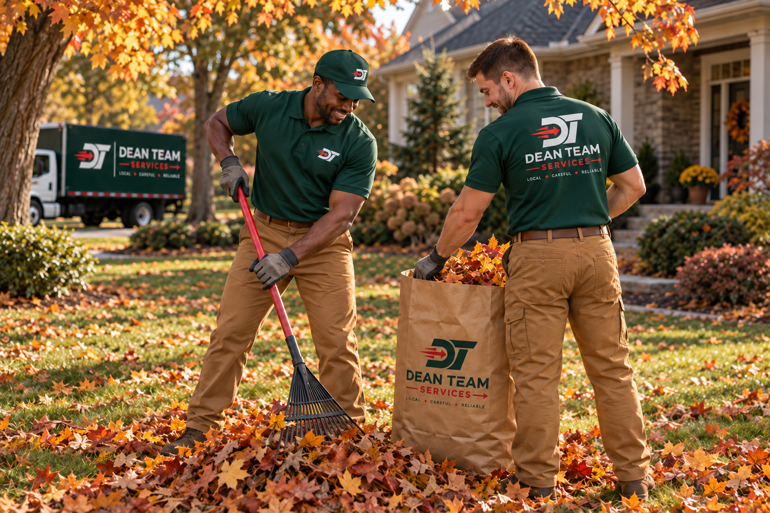Dean Team Services crew raking and bagging autumn leaves in branded uniforms