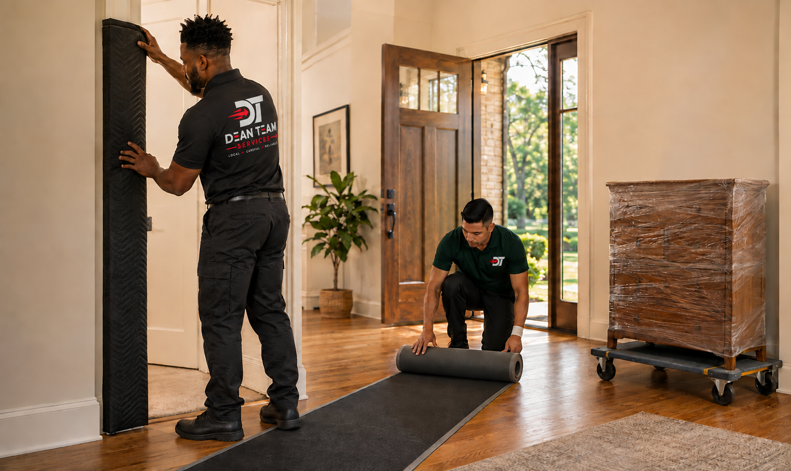 Dean Team movers protecting floors, doorways, and furniture inside a home