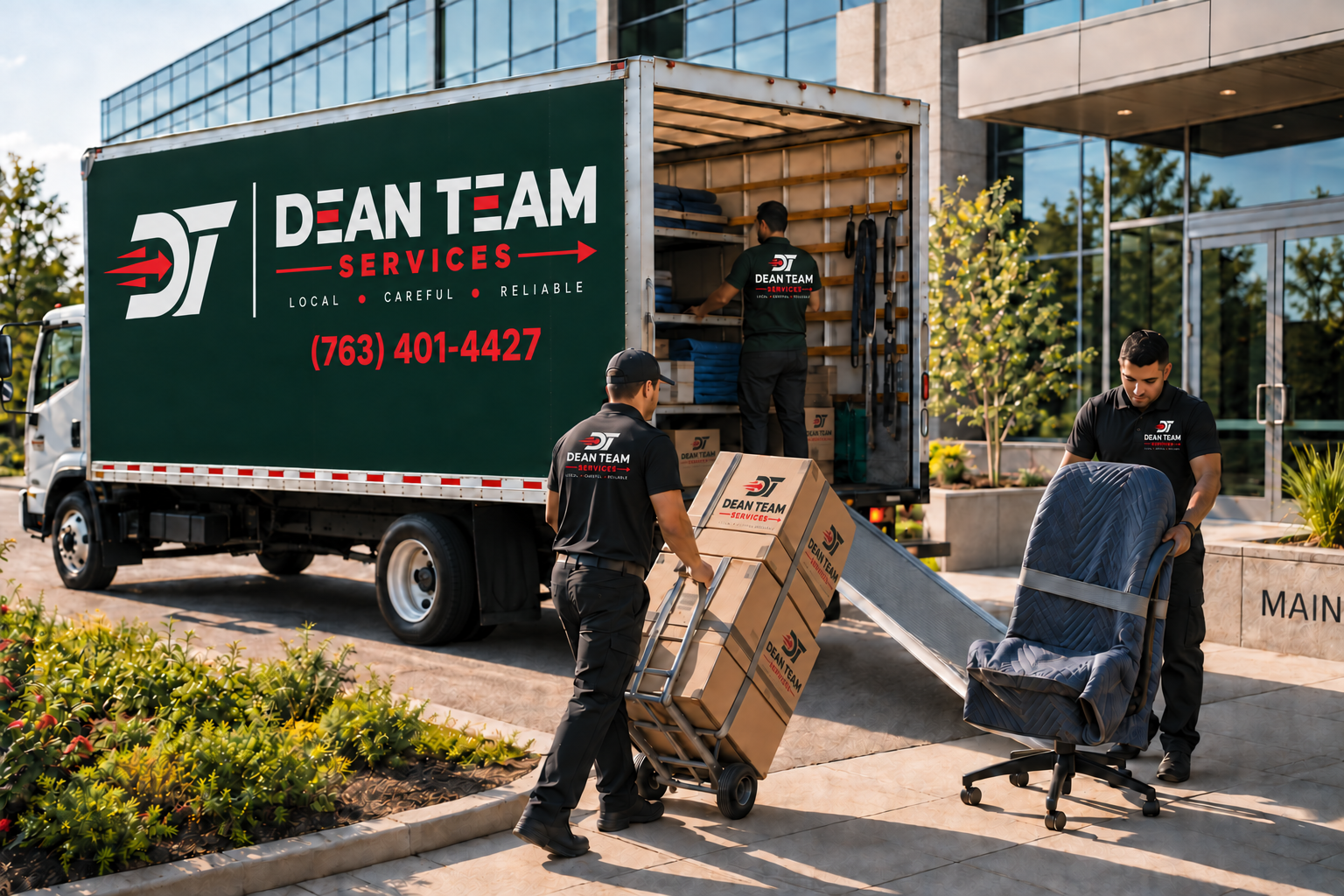 Dean Team movers unloading a branded truck at a commercial building