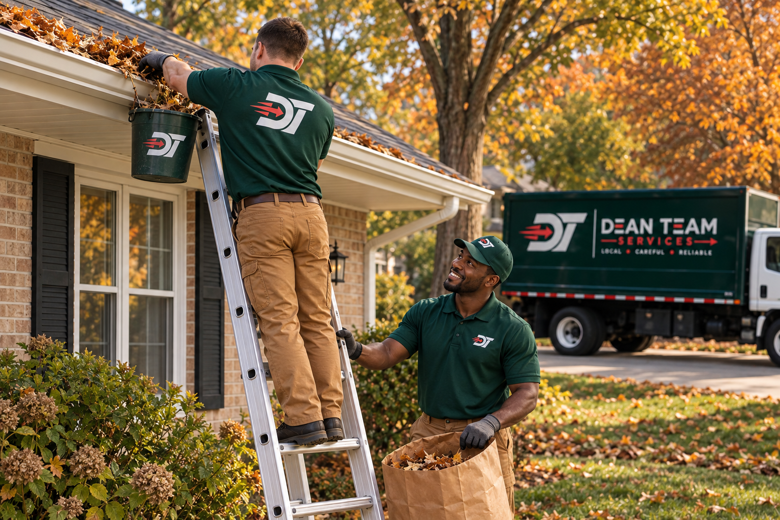 Dean Team crew clearing leaves from a home's gutters