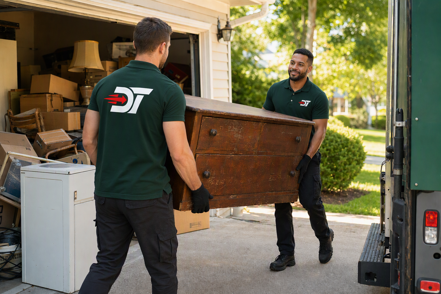 Dean Team crew carrying a dresser during a garage cleanout
