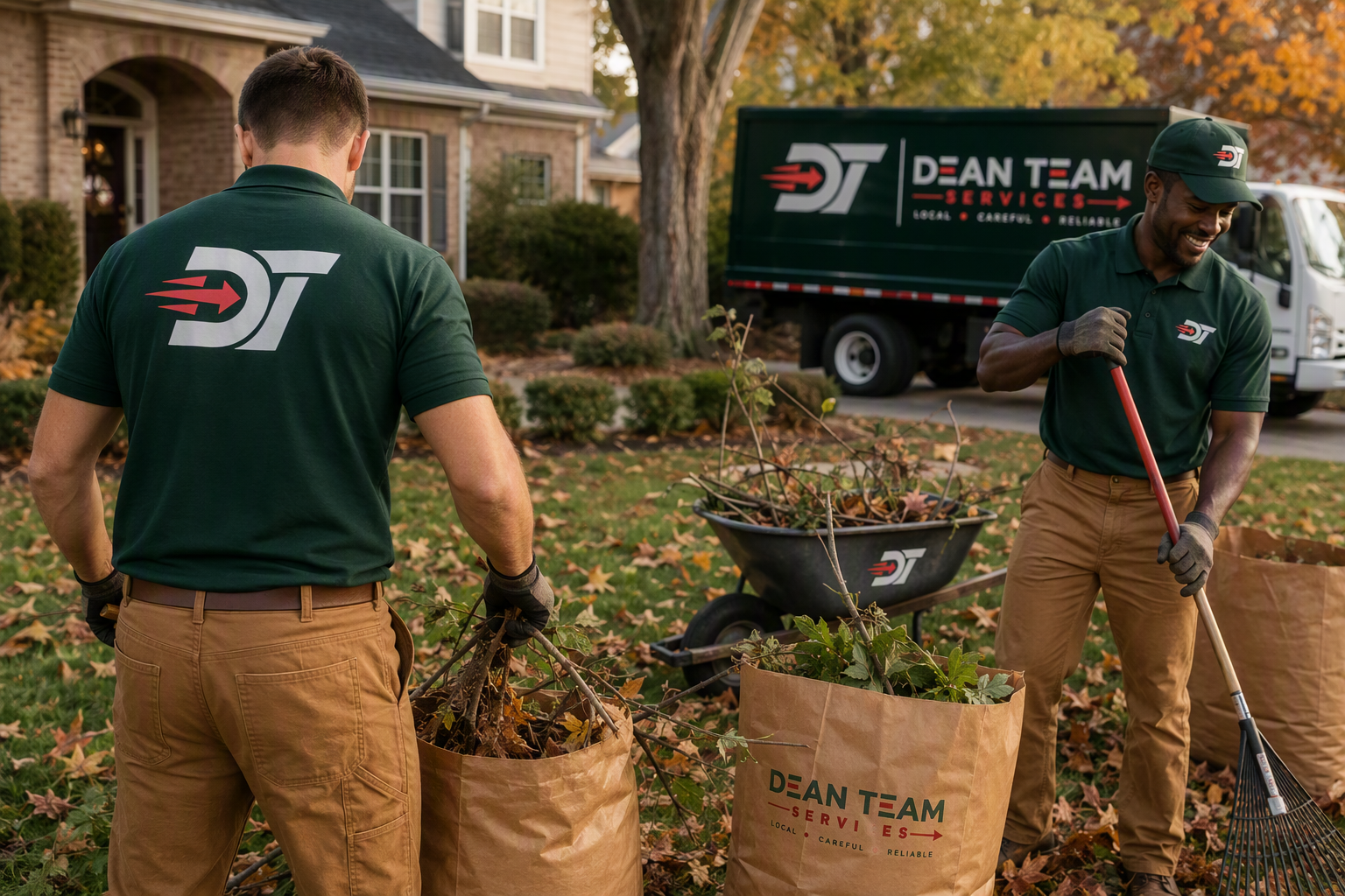 Dean Team crew collecting autumn leaves and yard debris