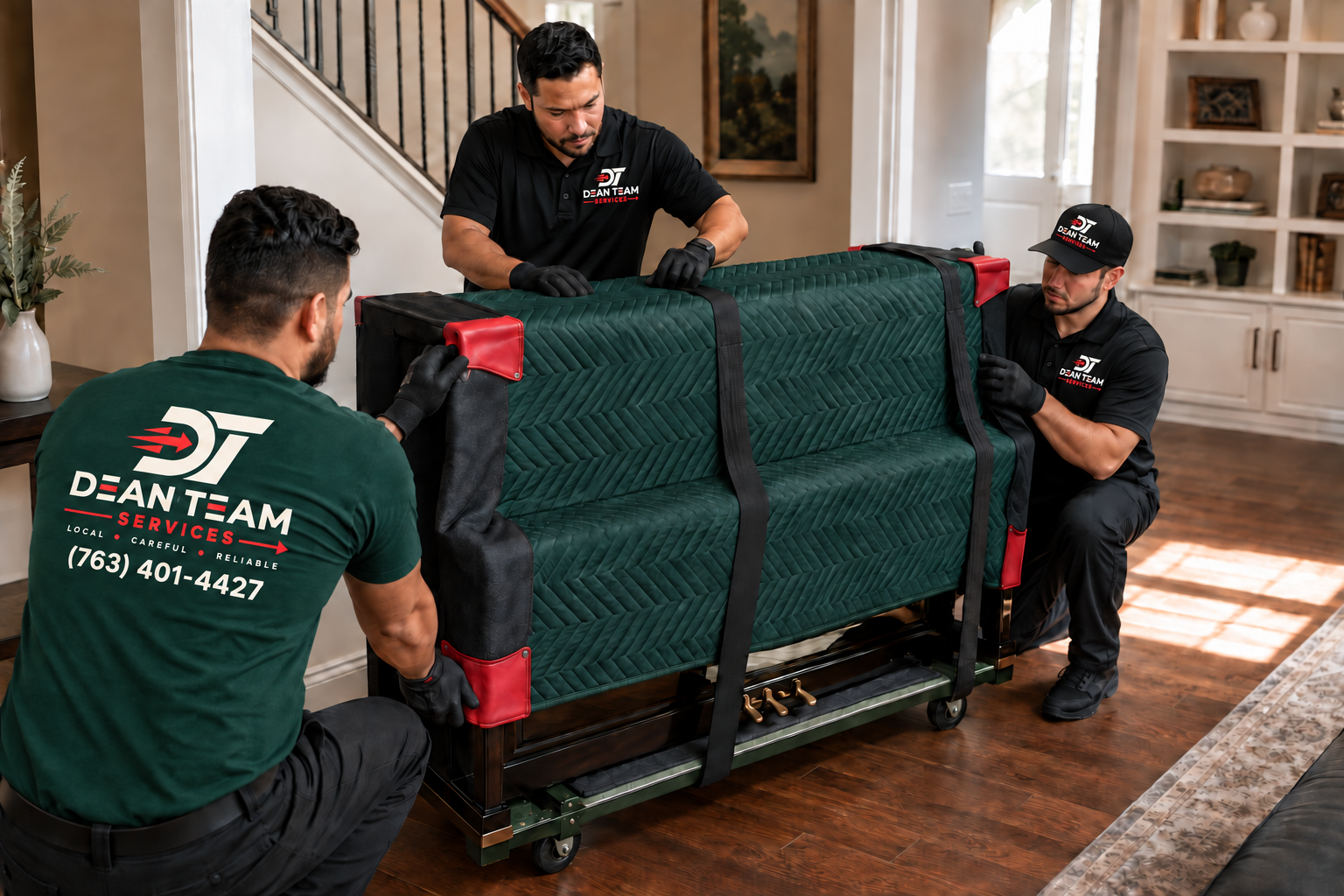 Dean Team movers carefully protecting and moving a piano