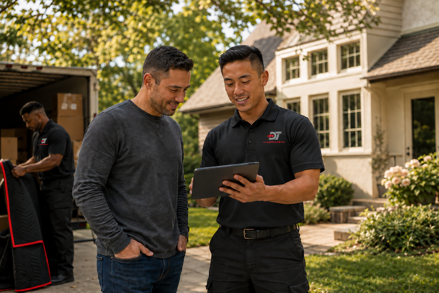 Dean Team mover reviewing move details with a customer on a tablet